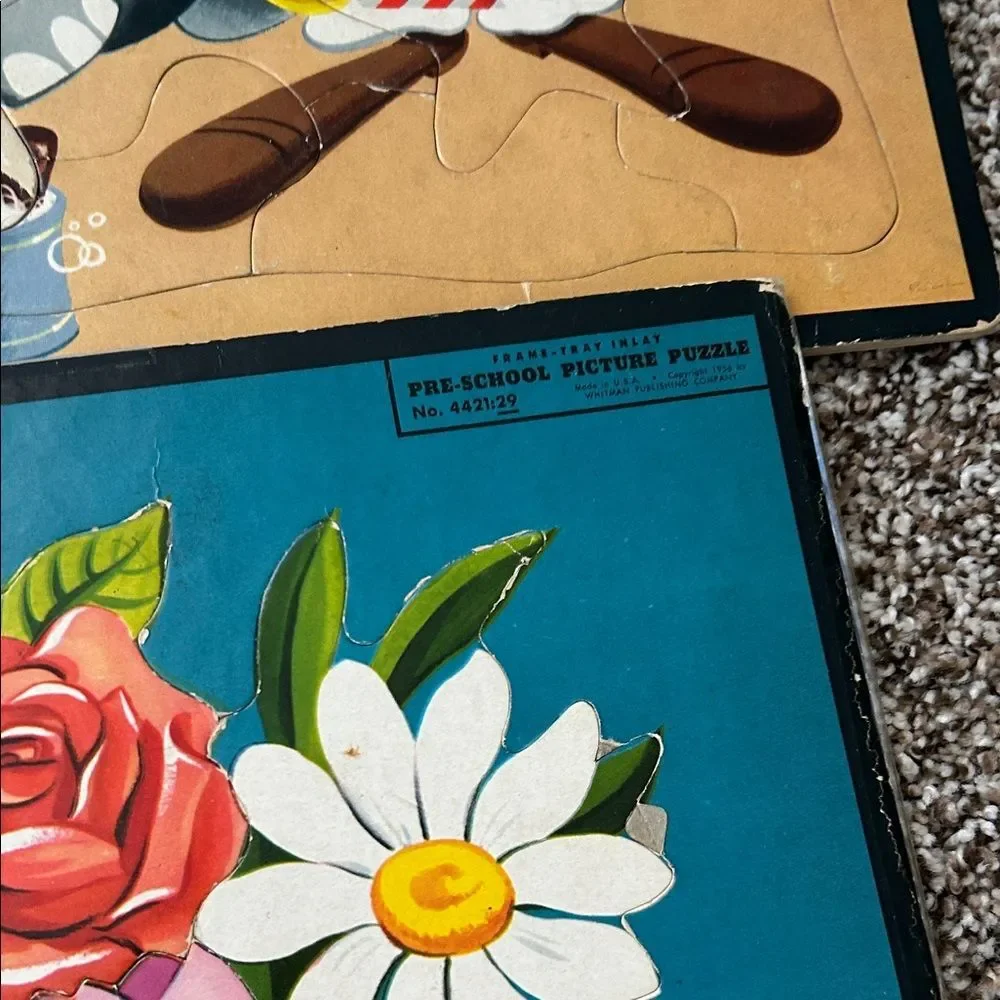 Vintage pre-k Floral & Animal Jigsaw Puzzle Lot - Bright Turquoise, Red, Pink